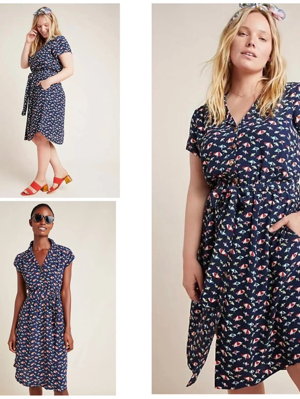 Anthropologie Navy Midi Dress with Red and Cream Floral Motif